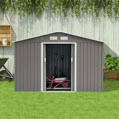 Outsunny 9' X 6' Metal Storage Shed Garden Tool House With Double Sliding Doors, 4 Air Vents For Backyard, Patio, Lawn Gray