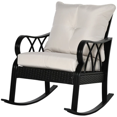 Outsunny Outdoor Wicker Rocking Chair With Padded Cushions, Aluminum Furniture Rattan Porch Rocker Chair W/ Armrest For Garden, Patio, And Backyard - Image 3