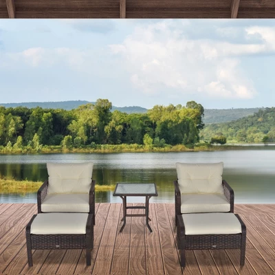 Outsunny 5-Piece Wicker Patio Armchair Set With Ottoman, Outdoor PE Rattan Furniture Set With Comfortable Zippered Cushions & Weather-Fighting Build