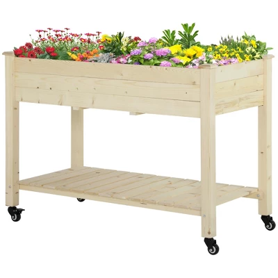 Outsunny 47" X 21" Raised Garden Bed, Elevated Wooden Planter Box W/ Lockable Wheels, Storage Shelf, And Bed Liner For Backyard, Patio - Image 3