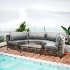 Outsunny 5-piece Half-Moon Outdoor Sectional Sofa, PE Rattan Wicker Furniture With Couch, Table & Cushions, Gray