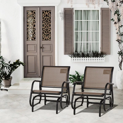 Outsunny 2 Piece Outdoor Glider Chair Set, Swing Chair With Breathable Mesh Fabric, Curved Armrests For Porch, Garden, Poolside, Balcony, Brown - Image 2