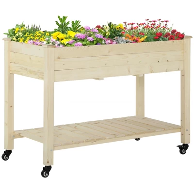 Outsunny 47" X 21" Raised Garden Bed, Elevated Wooden Planter Box W/ Lockable Wheels, Storage Shelf, And Bed Liner For Backyard, Patio - Image 8