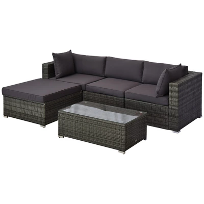Outsunny 5 Piece Patio Wicker Furniture Set, Outdoor Sectional Sofa Set Rattan Conversation Sets With Tempered Glass Tabletop Coffee Table And Ottoman For Garden, Balcony, Backyard - Image 2