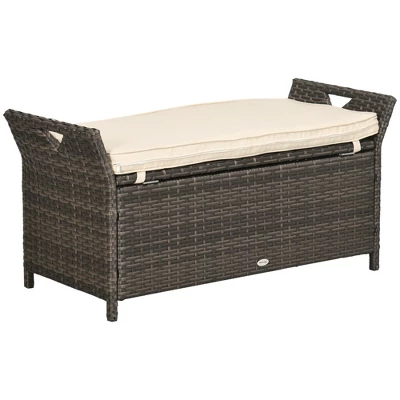 Outsunny Outdoor PE Rattan Two-In-One Storage Bench, Patio Wicker Large Capacity Footstool Rectangle Basket Box W/ Handles & Cushion - Image 6