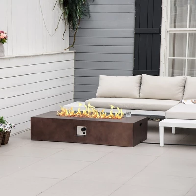 Outsunny 56" Firepit Table For Outside, 50,000 BTU Large Rectangular Stone Gas Firepit With Lava Rocks & Rain Cover, Fits 20lb Tank, Brown