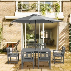 Outsunny 6 Piece Patio Dining Set, Outdoor Poplar Wood Furniture Set, Umbrella Hole Table And Chairs With Bench, Dark Gray