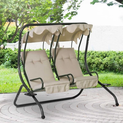 Outsunny Modern 2-Seater Outdoor Patio Swing Chair, Porch Seats With Cup Holder And Removeable Canopy