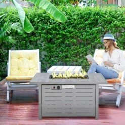 Outsunny 42" Rectangle Gas Fire Pit Table, 50,000BTU Propane Firepit With Protective Cover, Lid And Red Lava Rocks, Auto Ignition, CSA Certification For Outdoor, And Patio