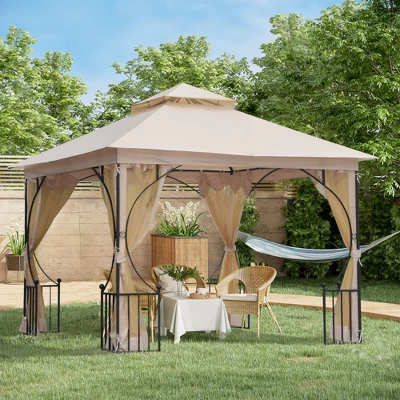 Outsunny 10' X 10' Patio Gazebo Canopy Outdoor Pavilion With Mesh Netting SideWalls, 2-Tier Polyester Roof, & Steel Frame Beige
