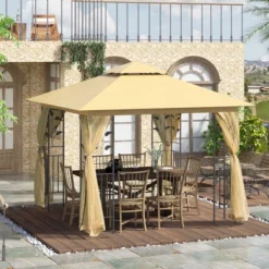 Outsunny 10' X 10' Outdoor Patio Gazebo Canopy With 2-Tier Polyester Roof, Mesh Netting Sidewalls, And Steel Frame
