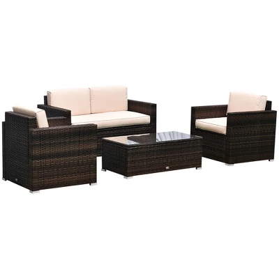 Outsunny 4-Piece Rattan Wicker Furniture Set, Outdoor Cushioned Conversation Furniture With 2 Chairs, Loveseat, And Glass Coffee Table - Image 9