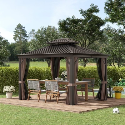 Outsunny Patio Gazebo 12' X 10', Netting & Curtains, Double Vented Steel Roof, Permanent Hardtop, Ceiling Hooks, Rust Proof Aluminum Frame, Dark Brown - Image 2