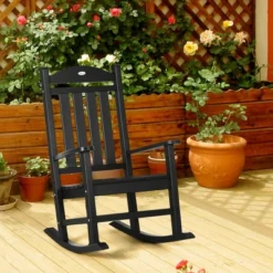 Outsunny Outdoor Rocking Chair, Traditional Slatted Porch Rocker, With Armrests, Fade-Resistant Waterproof HDPE For Indoor & Outdoor