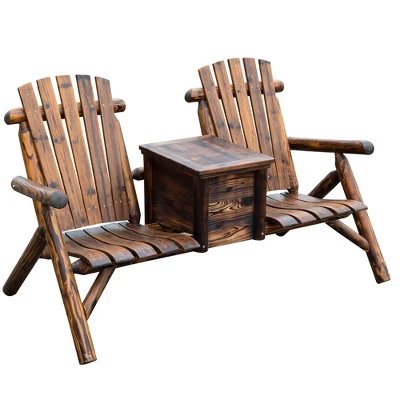Outsunny Wooden Double Adirondack Chair Loveseat With Inset Ice Bucket, Table, Rustic Look, & Weather-Resistant Varnish - Image 3