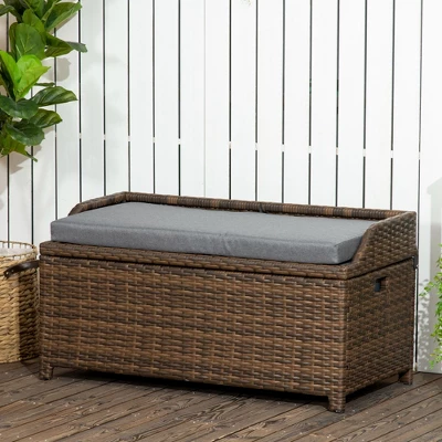Outsunny Storage Bench Rattan Wicker Garden Deck Box Bin With Interior Waterproof Bag And Comfy Cushion, Gray - Image 2