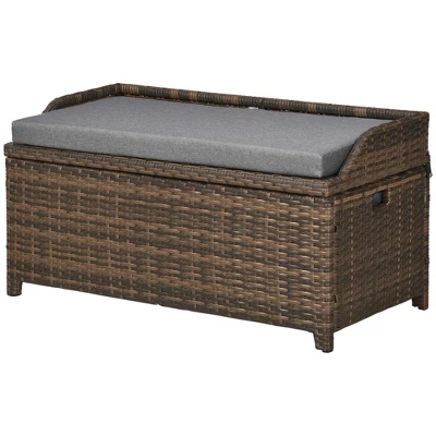 Outsunny Storage Bench Rattan Wicker Garden Deck Box Bin With Interior Waterproof Bag And Comfy Cushion, Gray - Image 3