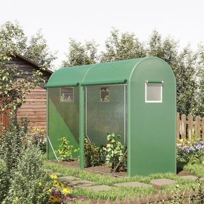 Outsunny 10' X 3' X 7' Tunnel Greenhouse Outdoor Walk-In Hot House With Roll-up Windows And Zippered Door, Steel Frame, PE Cover, Green - Image 2