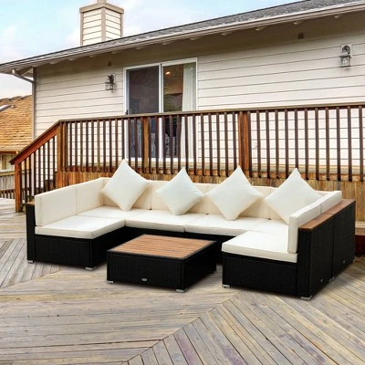 Outsunny 7-Piece Outdoor Wicker Sofa Set, PE Rattan Sectional Furniture Patio Couch W/ Acacia Top Coffee Table & Cushion For Garden, Backyard,