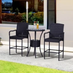 Outsunny Rattan Wicker Bar Set For 3 PCS With Ice Buckets, Patio Furniture With 1 Bar Table And 2 Bar Stools For Poolside, Backyard, Porches