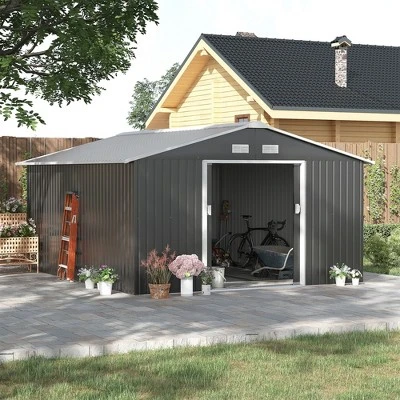 Outsunny 11' X 13' Metal Storage Shed Garden Tool House With Double Sliding Doors, 4 Air Vents For Backyard, Patio, Lawn Dark Gray - Image 2