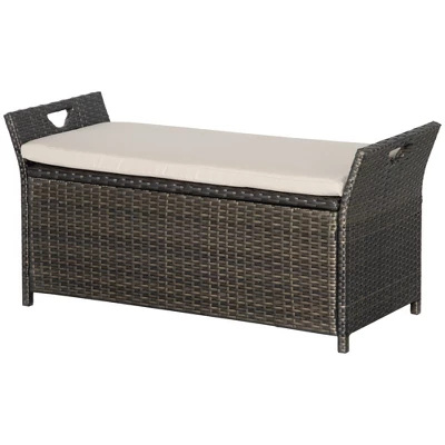 Outsunny Outdoor PE Rattan Two-In-One Storage Bench, Patio Wicker Large Capacity Footstool Rectangle Basket Box W/ Handles & Cushion - Image 3