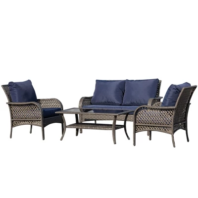 Outsunny 4-Piece Outdoor Wicker Sofa Set, Outdoor PE Rattan Conversation Furniture With 4 Chairs & Table, Water-Fighting Material - Image 2