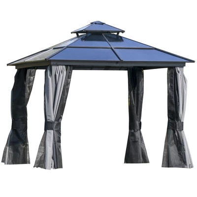 Outsunny Hardtop Gazebo Outdoor Polycarbonate Canopy Aluminum Frame Pergola With Double Vented Roof, Netting & Curtains For Garden - Image 7
