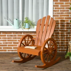 Outsunny Adirondack Rocking Chair With Slatted Design And Oversize Back For Porch, Poolside, Or Garden Lounging, Teak