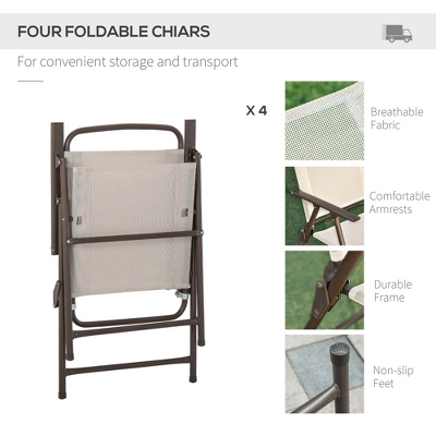 Outsunny 6 Piece Patio Dining Set For 4 With Umbrella, 4 Folding Dining Chairs & Round Glass Table For Garden, Backyard And Poolside - Image 4