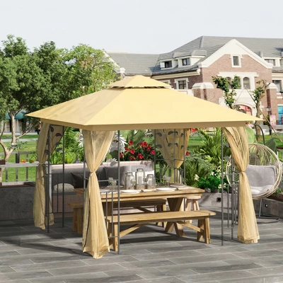 Outsunny 10' X 10' Outdoor Patio Gazebo Canopy With 2-Tier Polyester Roof, Mesh Netting Sidewalls, And Steel Frame - Image 2