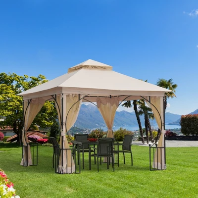 Outsunny 10' X 10' Patio Gazebo Canopy Outdoor Pavilion With Mesh Netting SideWalls, 2-Tier Polyester Roof, & Steel Frame Beige - Image 2