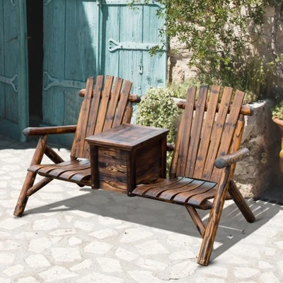 Outsunny Wooden Double Adirondack Chair Loveseat With Inset Ice Bucket, Table, Rustic Look, & Weather-Resistant Varnish - Image 2