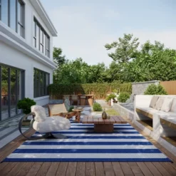 Outsunny RV Mat, Outdoor Patio Rug / Large Camping Carpet With Carrying Bag, 9' X 18', Waterproof Plastic Straw, Reversible, Blue & White Striped