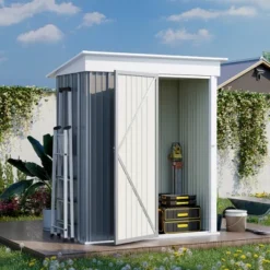 Outsunny 5' X 3' Steel Outdoor Storage Shed, Small Lean-to Shed For Garden, Tools, Tiny Metal Garage, Floor Base, Shelf, Lock, Gray