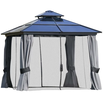 Outsunny Hardtop Gazebo Outdoor Polycarbonate Canopy Aluminum Frame Pergola With Double Vented Roof, Netting & Curtains For Garden - Image 3