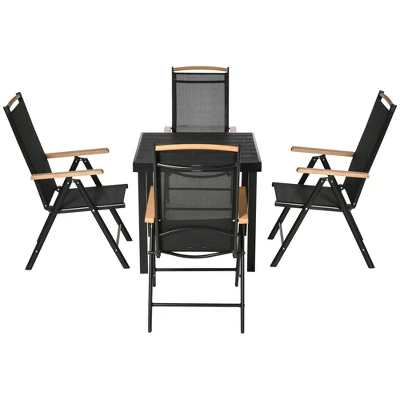 Outsunny 5 Piece Outdoor Furniture Patio Dining Set For 4, Square Outdoor Dining Table, Adjustable Reclining Folding Chairs, Black - Image 3