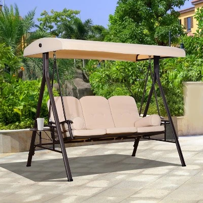 Outsunny Outdoor Patio 3-Person Steel Canopy Cushioned Seat Bench Swing With Included Side Trays & Padded Comfort