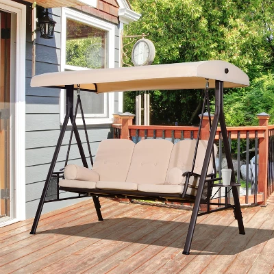 Outsunny Outdoor Patio 3-Person Steel Canopy Cushioned Seat Bench Swing With Included Side Trays & Padded Comfort - Image 2