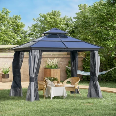 Outsunny Hardtop Gazebo Outdoor Polycarbonate Canopy Aluminum Frame Pergola With Double Vented Roof, Netting & Curtains For Garden - Image 2