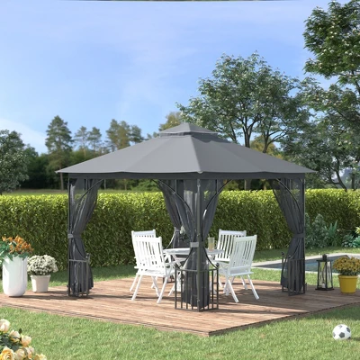 Outsunny 10' X 10' Patio Gazebo Canopy Outdoor Pavilion With Mesh Netting SideWalls, 2-Tier Polyester Roof, & Steel Frame, Dark Gray - Image 2