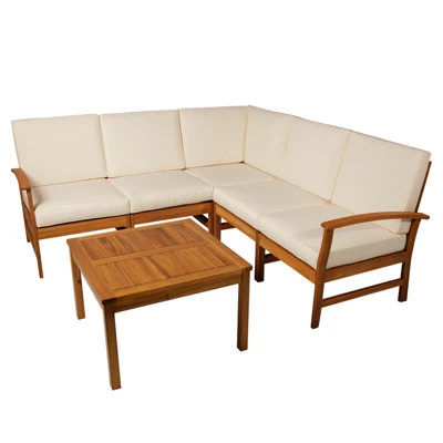 Outsunny 6 Piece L Shape Garden Sofa Set Solid Acacia Wood Garden Furniture Set With A Coffee Table For Yard And Bistro - Image 5