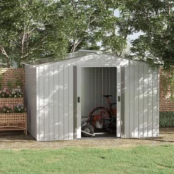 Outsunny 9' X 6' Metal Storage Shed Garden Tool House With Double Sliding Doors, 4 Air Vents For Backyard, Patio, Lawn, Silver