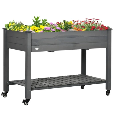 Outsunny 47" X 21" Raised Garden Bed, Elevated Wooden Planter Box W/ Lockable Wheels, Storage Shelf, And Bed Liner For Backyard, Patio - Image 9