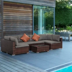 Outsunny 4-Pcs Patio Furniture Sets Outdoor Wicker Conversation Set Rattan Sofa Set With Tempered Glass Coffee Table And Cushions For Backyard,