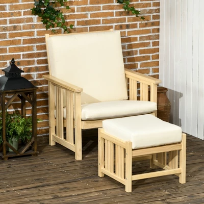Outsunny Patio Furniture Set, Wood Outdoor Patio Chair With Ottoman, 2 Piece Cushioned Outdoor Lounge Chair, Sofa Chair With Footrest, Beige - Image 2