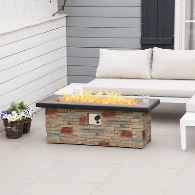 Outsunny Outdoor Propane Fire Pit Table Faux Brown Ledge Stone 48-inch Rectangle Fire Table, 50,000BTU Auto Ignition Gas Firepits - Image 2