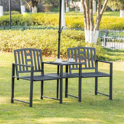 Outsunny Metal Garden Bench With Middle Table And Umbrella Hole, 2-in-1 Double Patio Chairs, Outdoor 2-person Tete-a-Tete, Slatted, Black - Image 2
