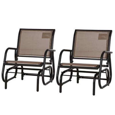 Outsunny 2 Piece Outdoor Glider Chair Set, Swing Chair With Breathable Mesh Fabric, Curved Armrests For Porch, Garden, Poolside, Balcony, Brown - Image 3