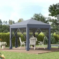 Outsunny 13' X 13' Heavy Duty Pop Up Canopy With Hexagonal Shape, 6 Mesh Sidewall Netting, 3-Level Adjustable Height And Strong Steel Frame